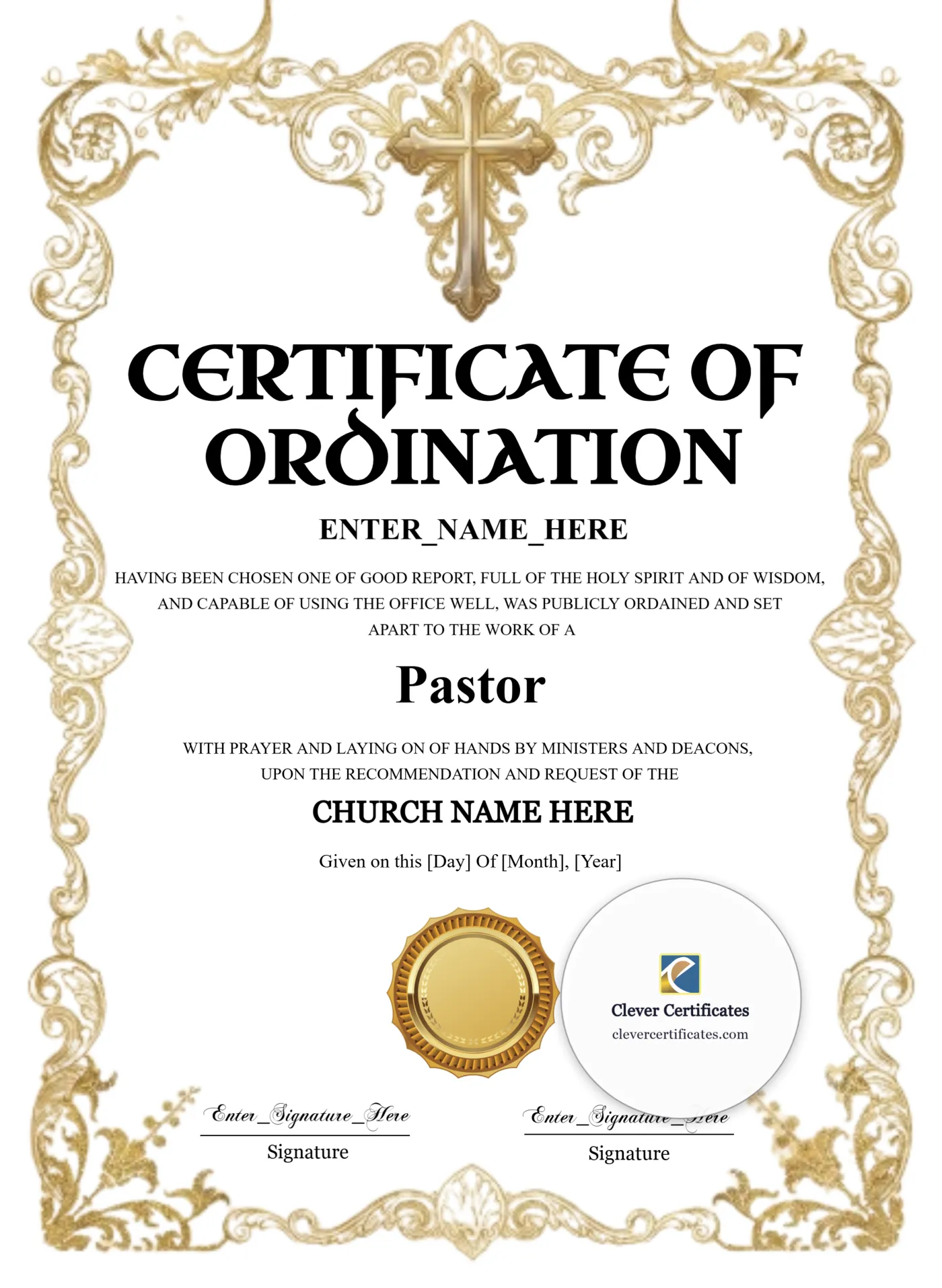 Pastor Ordination Certificate Black And Gold Portrait — Certificate Template Preview