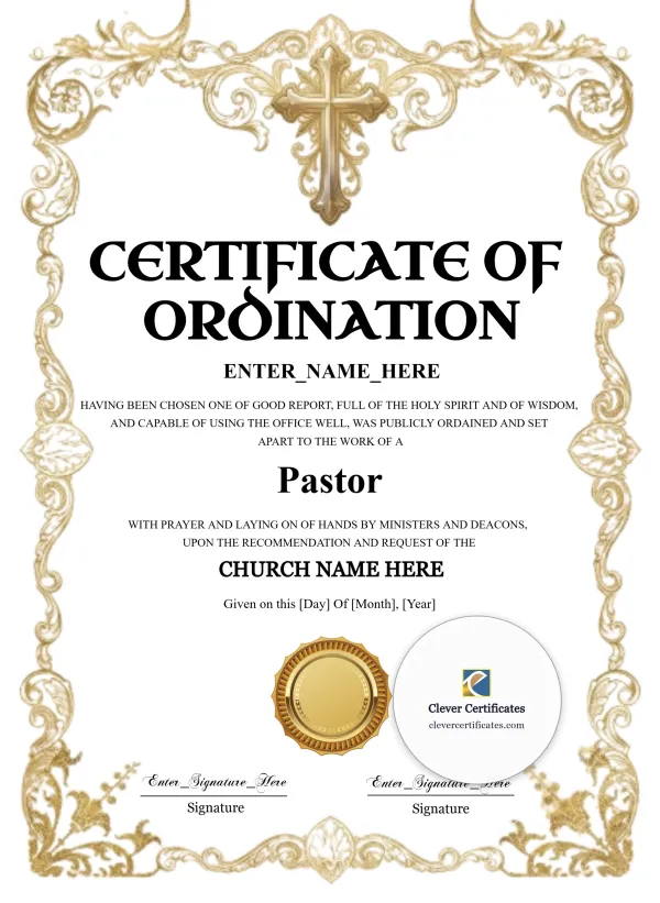 Free Pastor Ordination Certificate — Gold Baroque Cross Portrait