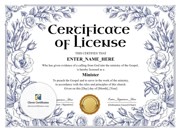 Free License to Preach Certificate — Blue Rose Landscape