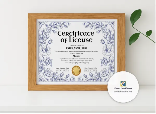 Realistic mockup featuring License To Preach Certificate Black And Gold Landscape displayed within a modern frame, set against a minimalistic background.