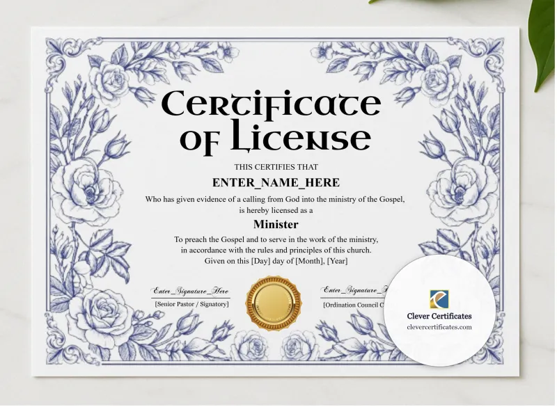License To Preach Certificate Black And Gold Landscape presented in a sleek wooden frame, elegantly arranged on a stylish table.