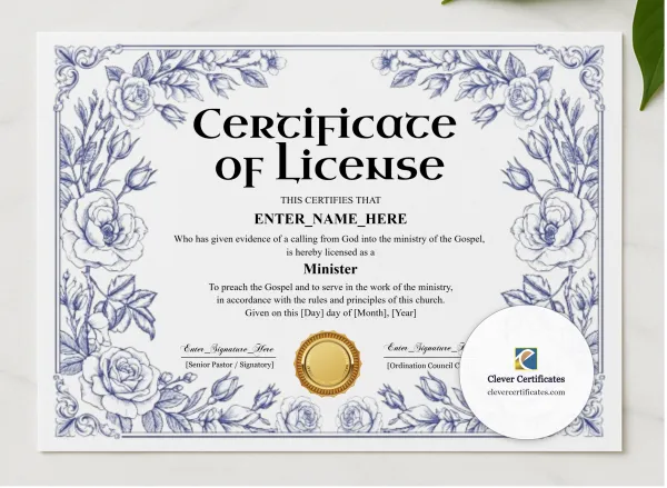 License To Preach Certificate Black And Gold Landscape presented in a sleek wooden frame, elegantly arranged on a stylish table.