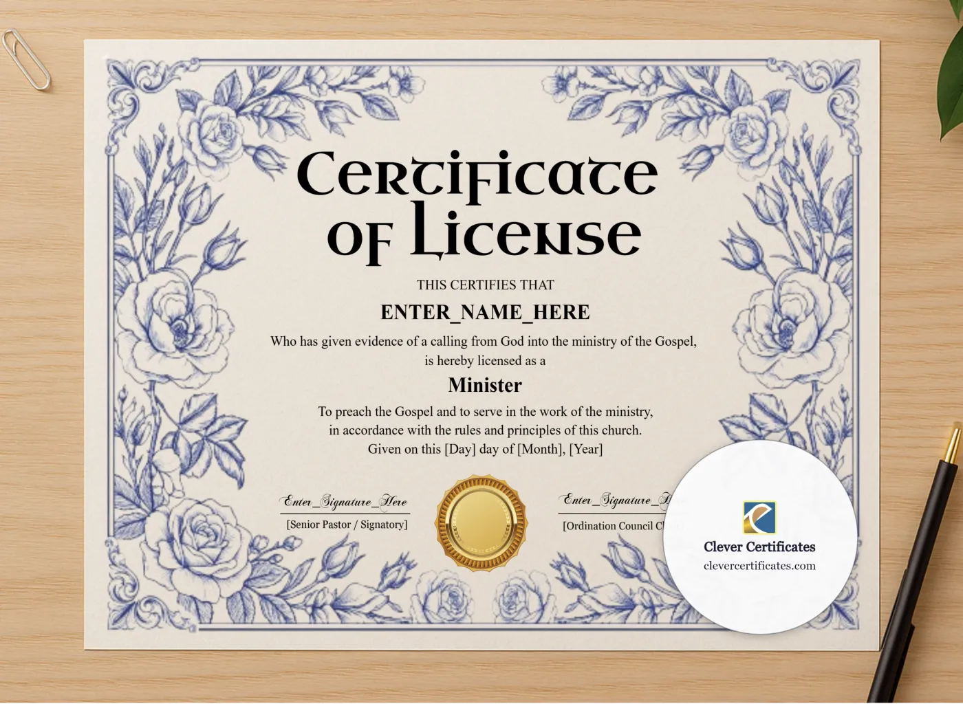 Professional preview of License To Preach Certificate Black And Gold Landscape certificate on high-quality stationery paper, ideal for showcasing the final look.