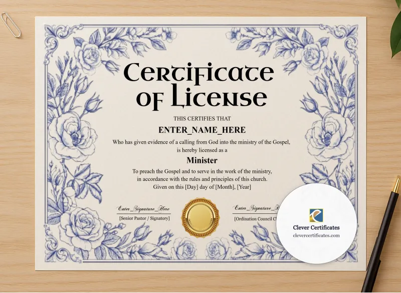 Professional preview of License To Preach Certificate Black And Gold Landscape certificate on high-quality stationery paper, ideal for showcasing the final look.