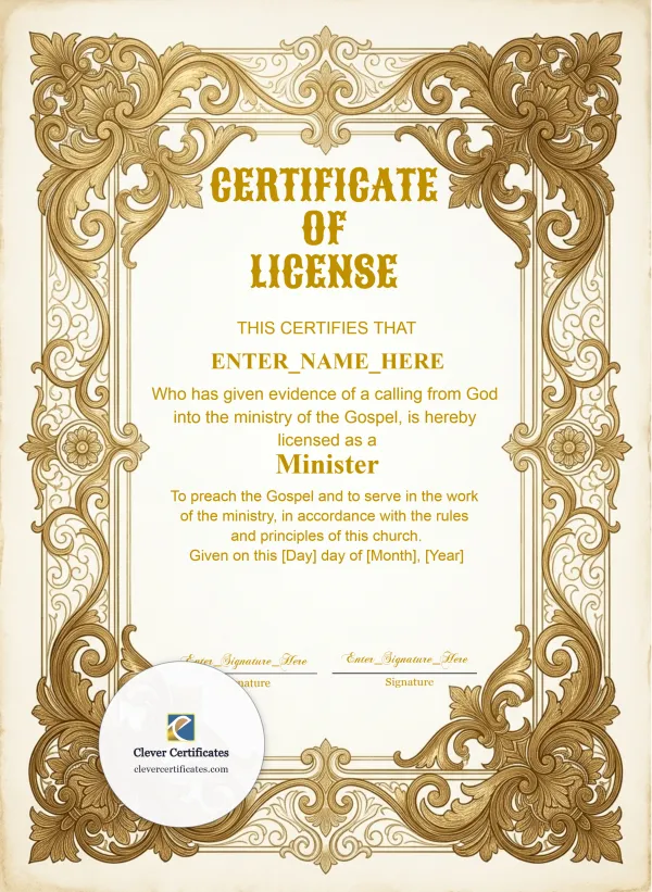 Free License to Preach Certificate — Gold Engraved Frame Portrait