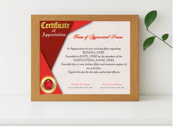 Realistic mockup featuring Appreciation Award displayed within a modern frame, set against a minimalistic background.