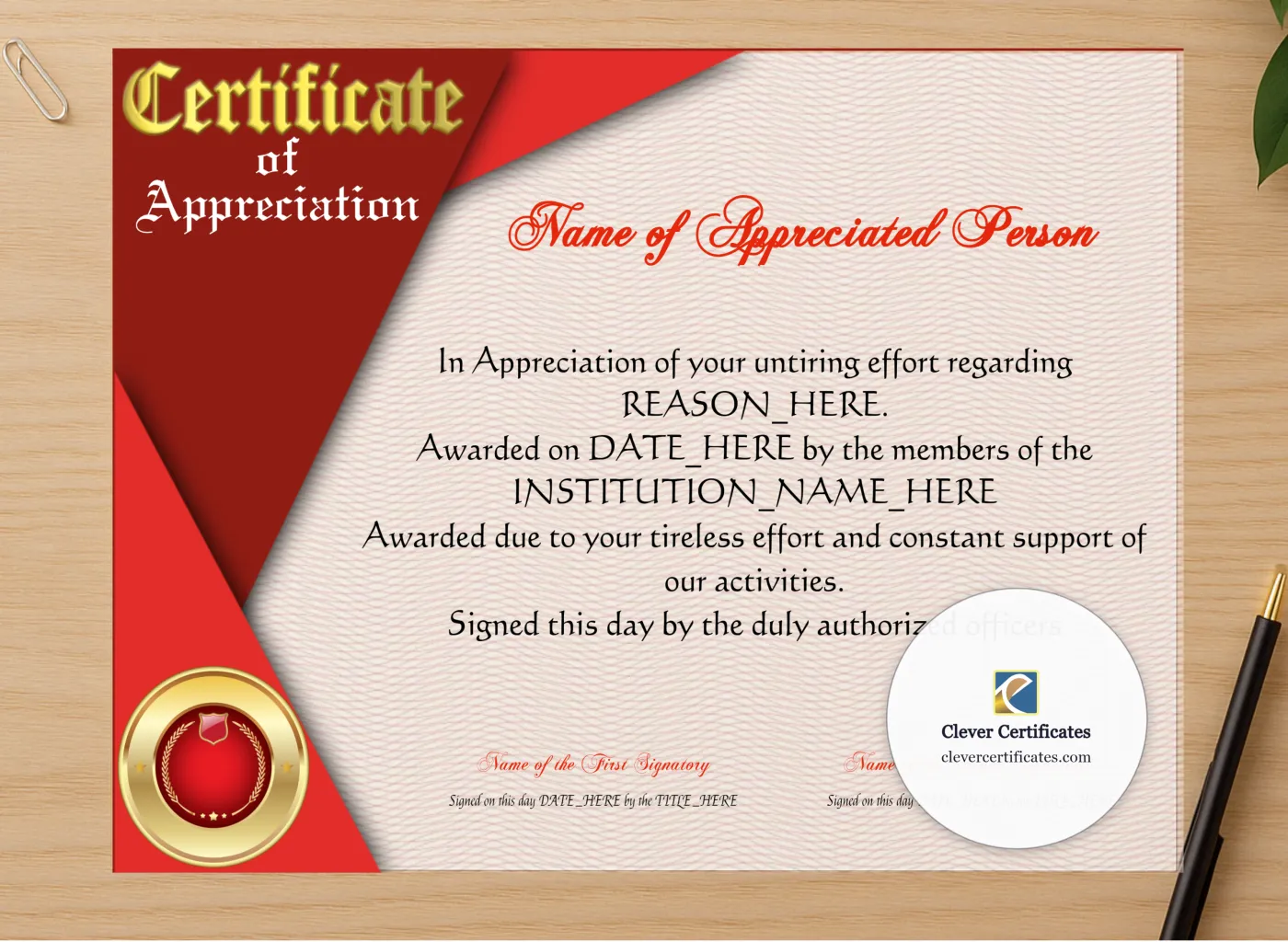 Professional preview of Appreciation Award certificate on high-quality stationery paper, ideal for showcasing the final look.