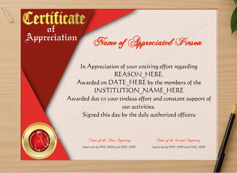 Professional preview of Appreciation Award certificate on high-quality stationery paper, ideal for showcasing the final look.