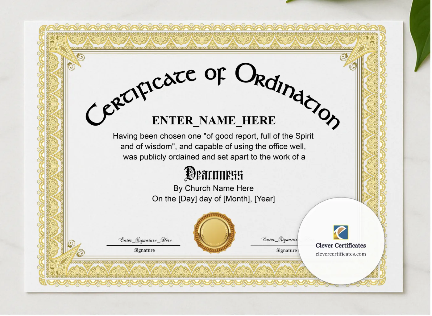 Deaconess Ordination Certificate Classic Gold Landscape presented in a sleek wooden frame, elegantly arranged on a stylish table.