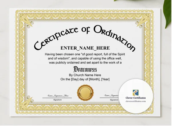 Deaconess Ordination Certificate Classic Gold Landscape presented in a sleek wooden frame, elegantly arranged on a stylish table.