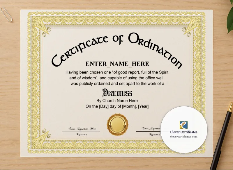 Professional preview of Deaconess Ordination Certificate Classic Gold Landscape certificate on high-quality stationery paper, ideal for showcasing the final look.