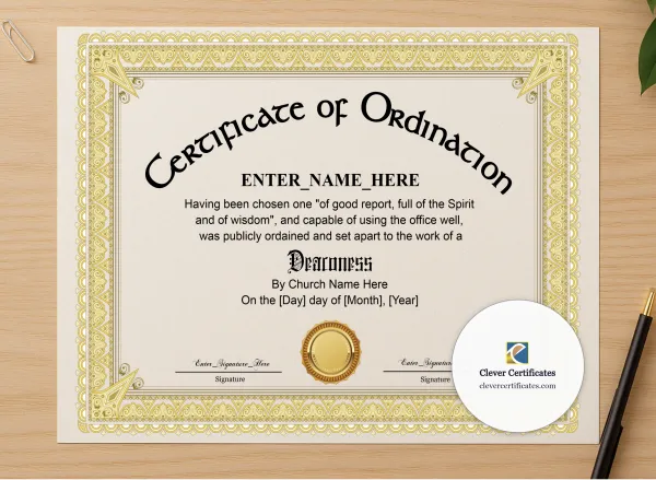 Professional preview of Deaconess Ordination Certificate Classic Gold Landscape certificate on high-quality stationery paper, ideal for showcasing the final look.