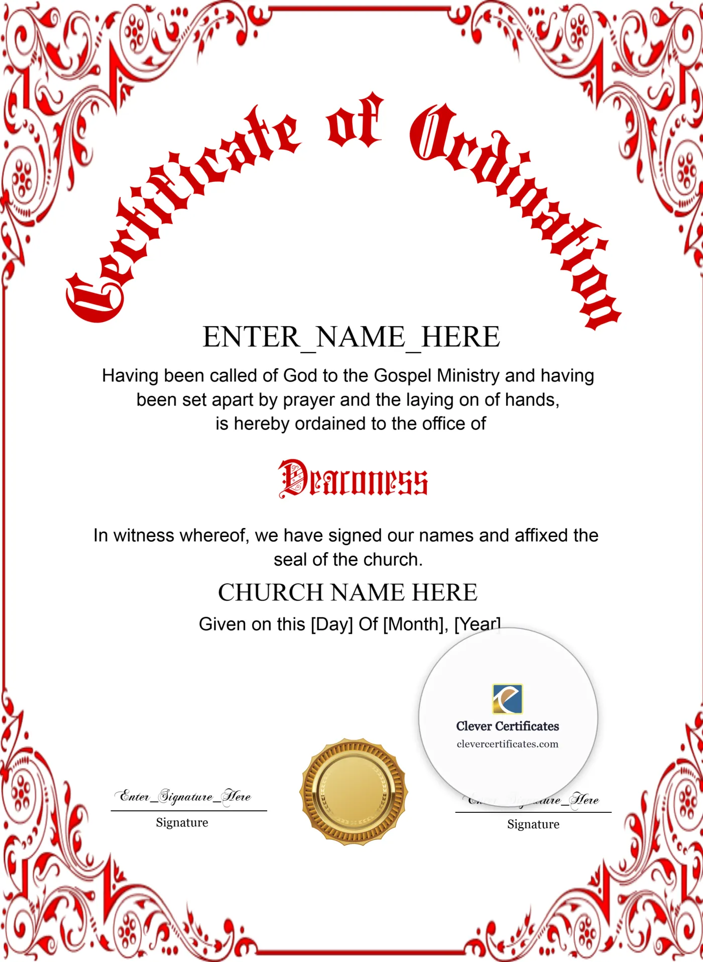 Deaconess Ordination Certificate Classic Gold Portrait — Certificate Template Preview