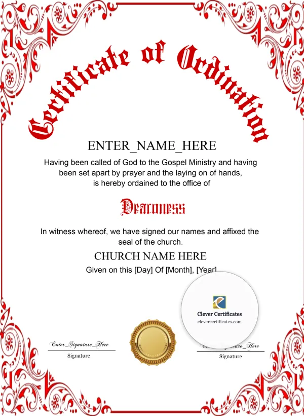 Free Deaconess Ordination Certificate — Red Filigree Portrait