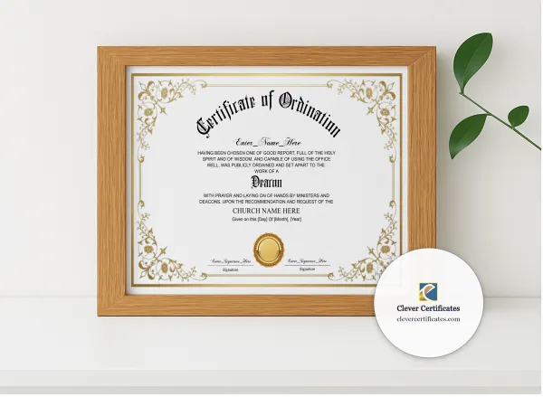 Realistic mockup featuring Baptist Deacon Ordination Certificate Classic Gold Landscape displayed within a modern frame, set against a minimalistic background.