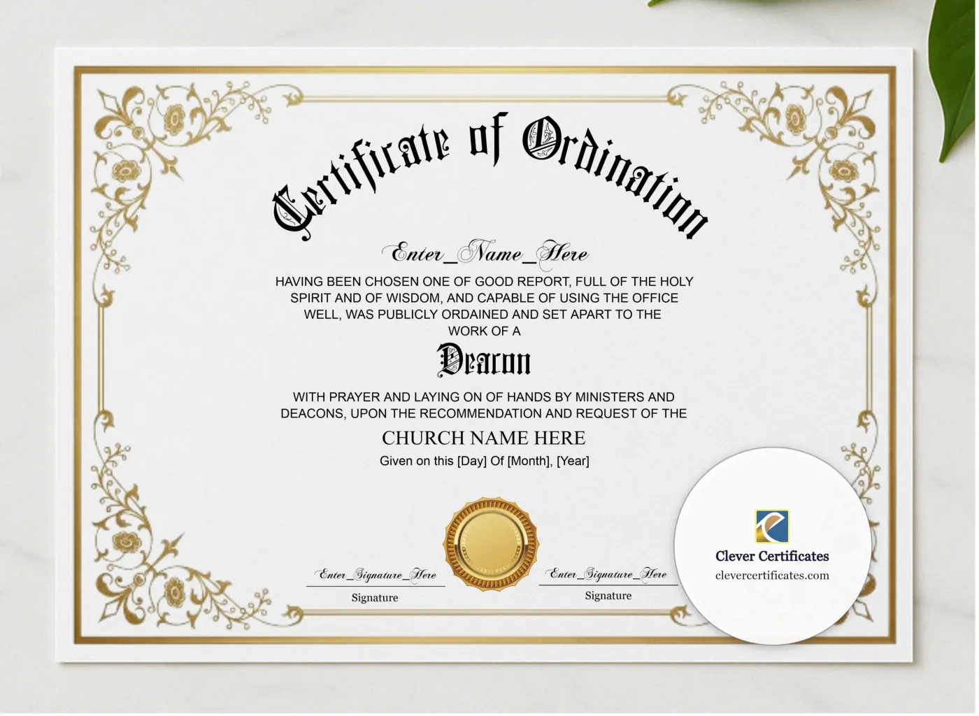 Baptist Deacon Ordination Certificate Classic Gold Landscape presented in a sleek wooden frame, elegantly arranged on a stylish table.