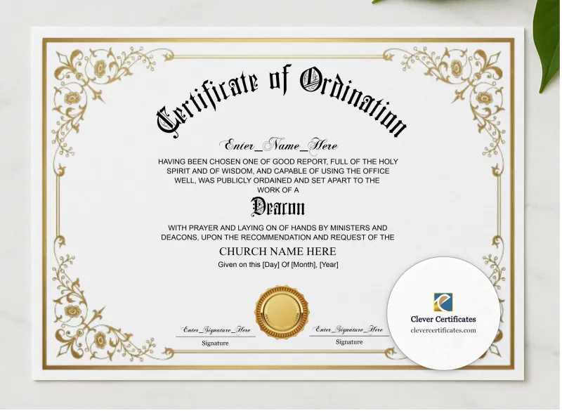 Baptist Deacon Ordination Certificate Classic Gold Landscape presented in a sleek wooden frame, elegantly arranged on a stylish table.