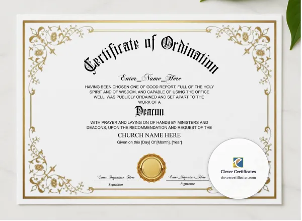 Baptist Deacon Ordination Certificate Classic Gold Landscape presented in a sleek wooden frame, elegantly arranged on a stylish table.