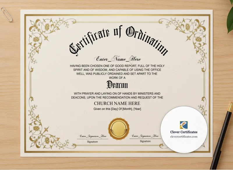 Professional preview of Baptist Deacon Ordination Certificate Classic Gold Landscape certificate on high-quality stationery paper, ideal for showcasing the final look.