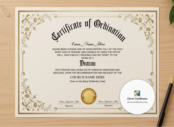 Professional preview of Baptist Deacon Ordination Certificate Classic Gold Landscape certificate on high-quality stationery paper, ideal for showcasing the final look.