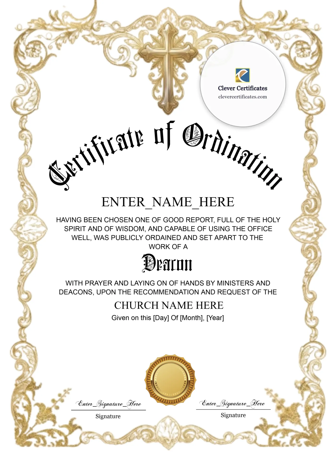 Baptist Deacon Ordination Certificate Classic Gold Portrait — Certificate Template Preview