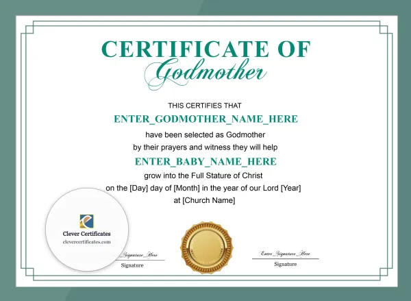 Free Godmother Certificate — Teal Frame Landscape
