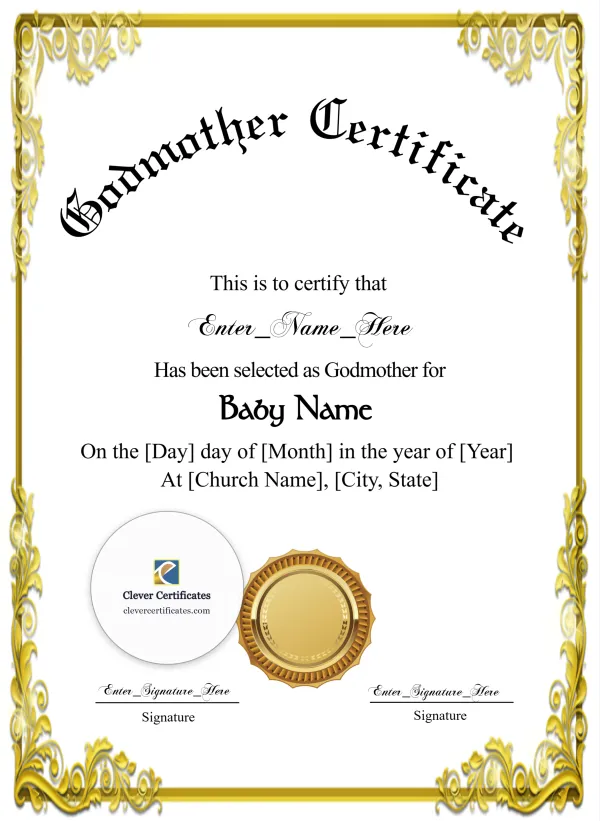 Free Godmother Certificate — Gold Frame Portrait