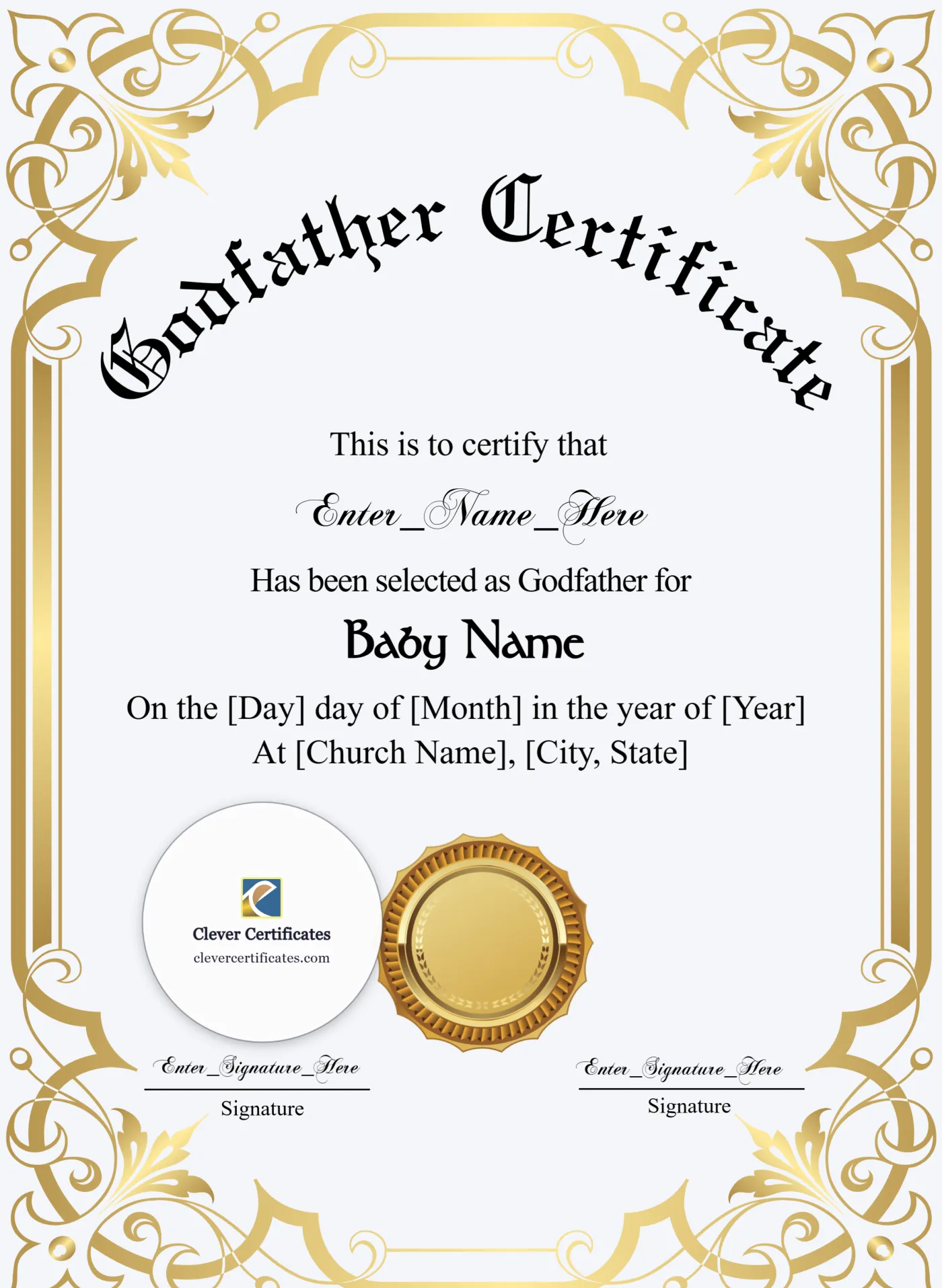 Godfather Certificate Classic Gold Portrait — Certificate Template Preview