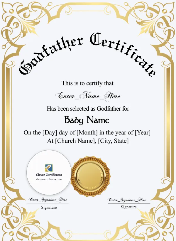 Free Godfather Certificate — Gold Scroll Frame Portrait