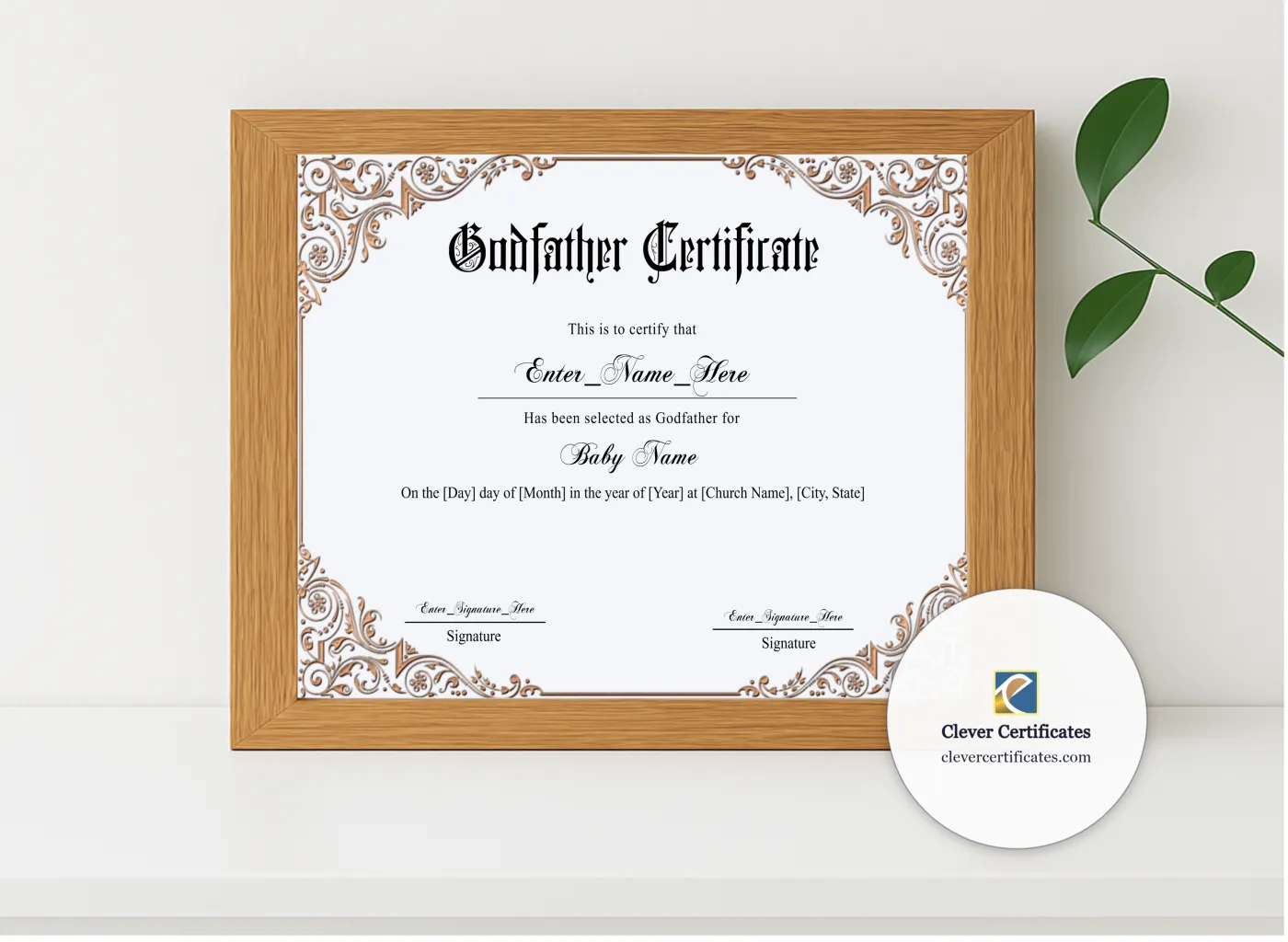 Realistic mockup featuring Godfather Certificate Classic Gold Landscape displayed within a modern frame, set against a minimalistic background.