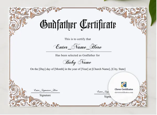 Godfather Certificate Classic Gold Landscape presented in a sleek wooden frame, elegantly arranged on a stylish table.