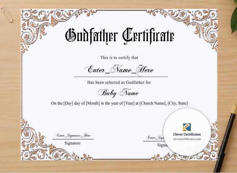 Professional preview of Godfather Certificate Classic Gold Landscape certificate on high-quality stationery paper, ideal for showcasing the final look.