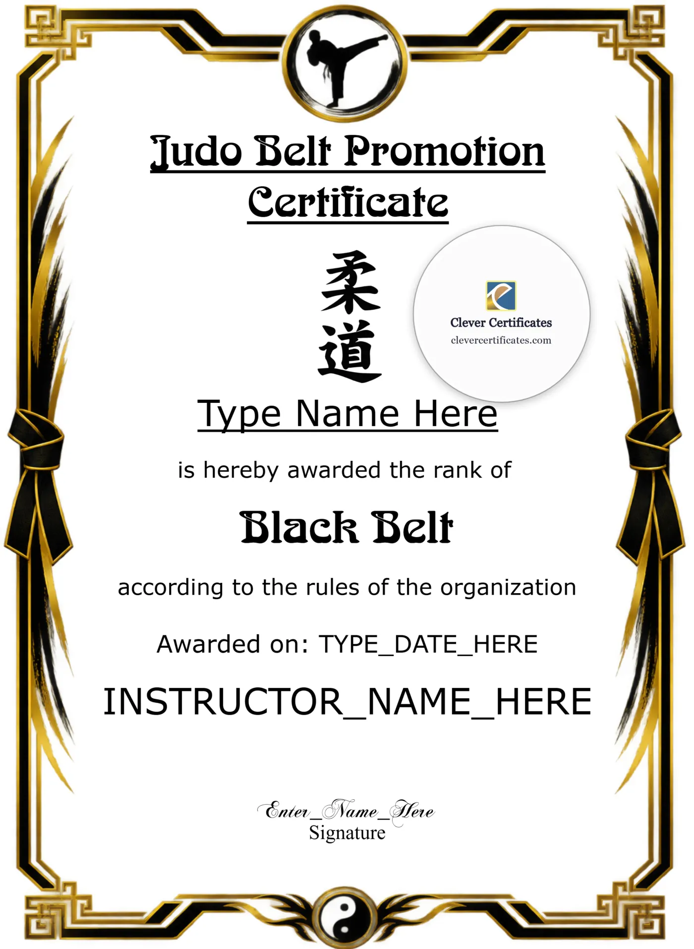 Judo Rank Certificate Black And Gold Portrait — Certificate Template Preview