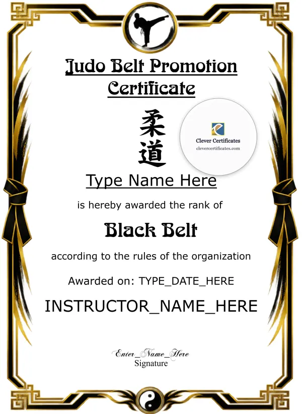 Judo Rank Certificate Black And Gold Portrait — Certificate Template Preview