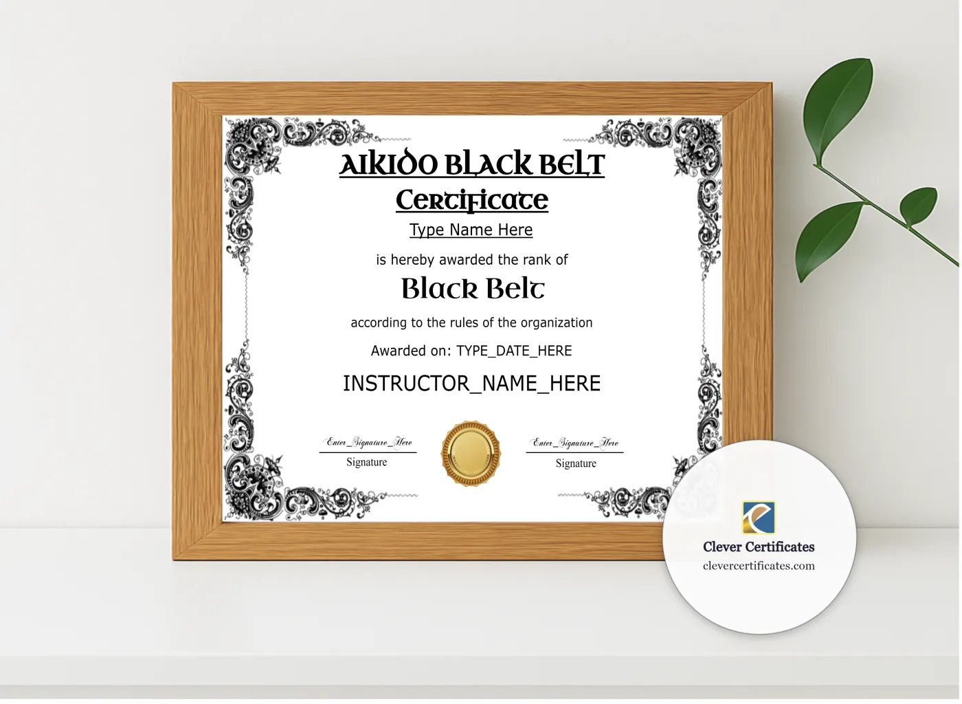 Realistic mockup featuring Aikido Black Belt Certificate Black And Gold Landscape displayed within a modern frame, set against a minimalistic background.