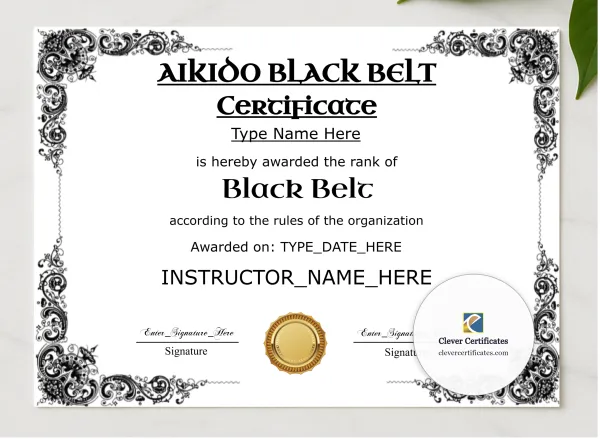 Aikido Black Belt Certificate Black And Gold Landscape presented in a sleek wooden frame, elegantly arranged on a stylish table.