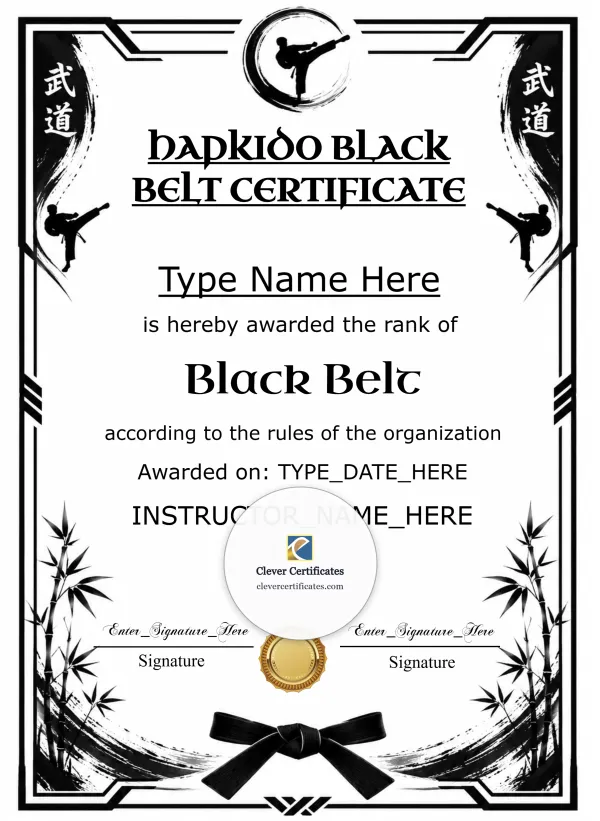Hapkido Black Belt Certificate Black And Gold Portrait — Certificate Template Preview