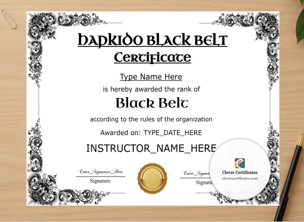Professional preview of Hapkido Black Belt Certificate Black And Gold Landscape certificate on high-quality stationery paper, ideal for showcasing the final look.