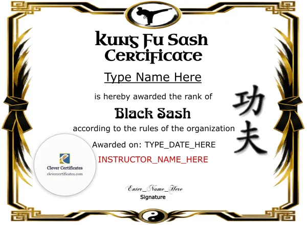 Free Kung Fu Sash Promotion Certificate — Black And Gold Landscape