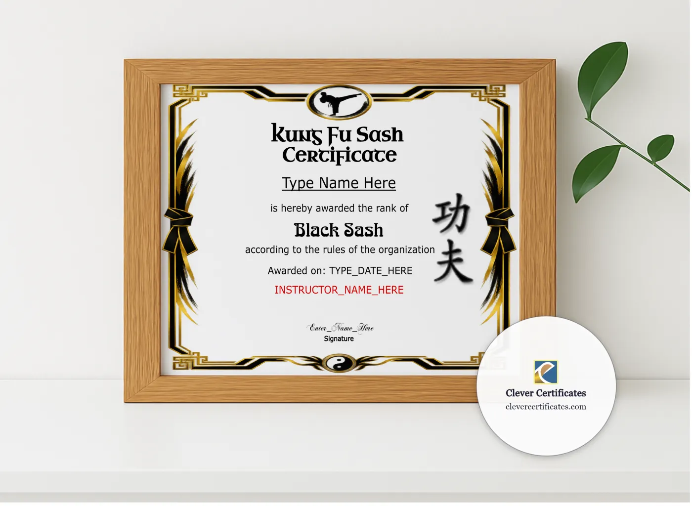Realistic mockup featuring Kung Fu Sash Promotion Certificate Landscape displayed within a modern frame, set against a minimalistic background.