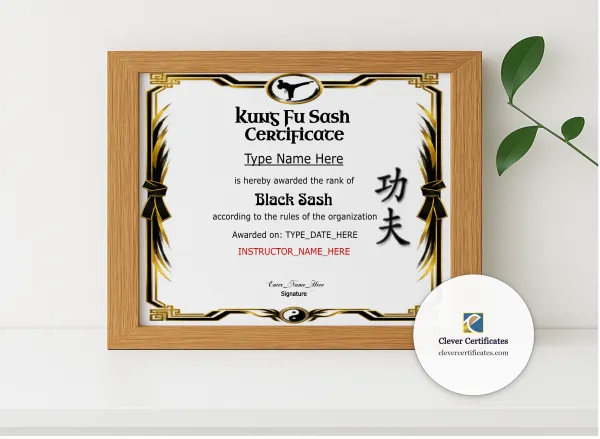 Realistic mockup featuring Kung Fu Sash Promotion Certificate Landscape displayed within a modern frame, set against a minimalistic background.