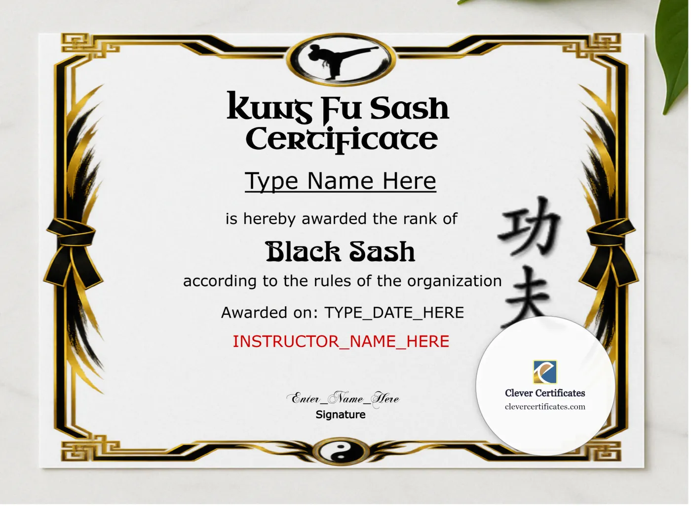 Kung Fu Sash Promotion Certificate Landscape presented in a sleek wooden frame, elegantly arranged on a stylish table.