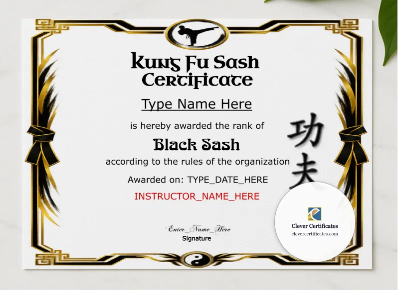 Kung Fu Sash Promotion Certificate Landscape presented in a sleek wooden frame, elegantly arranged on a stylish table.