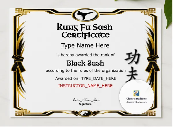 Kung Fu Sash Promotion Certificate Landscape presented in a sleek wooden frame, elegantly arranged on a stylish table.