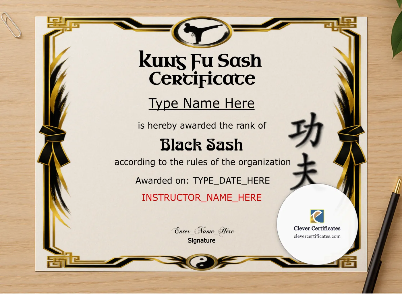 Professional preview of Kung Fu Sash Promotion Certificate Landscape certificate on high-quality stationery paper, ideal for showcasing the final look.
