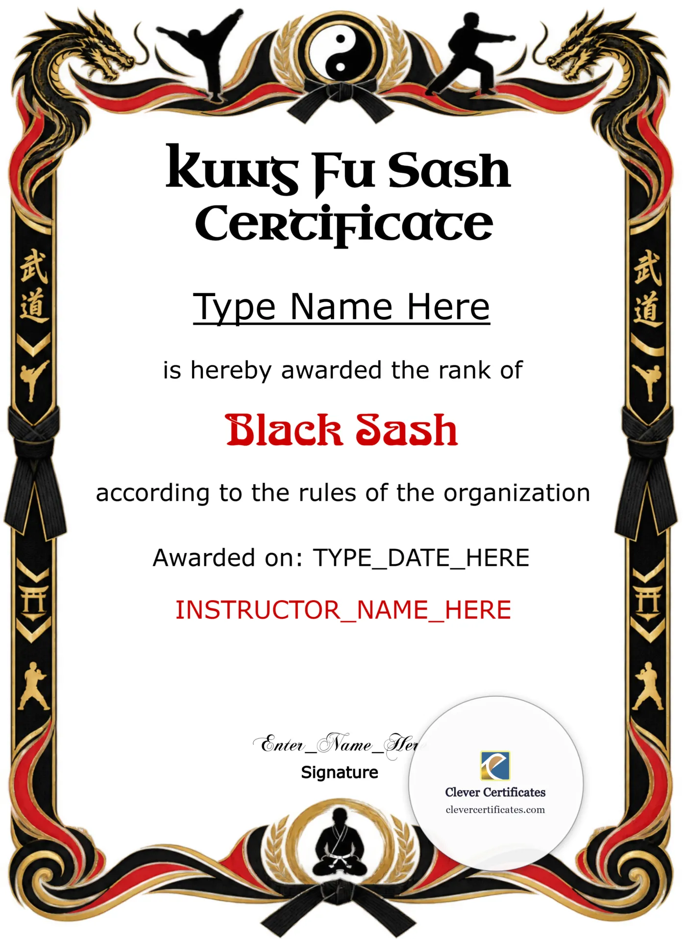 Kung Fu Sash Promotion Certificate Portrait — Certificate Template Preview