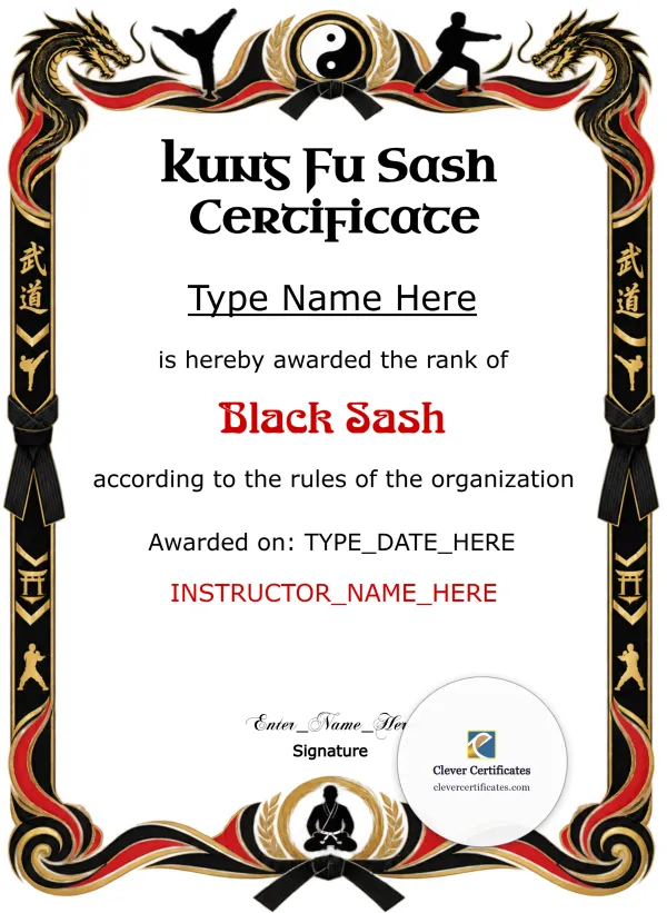 Free Kung Fu Sash Promotion Certificate — Red And Black Dragon Portrait