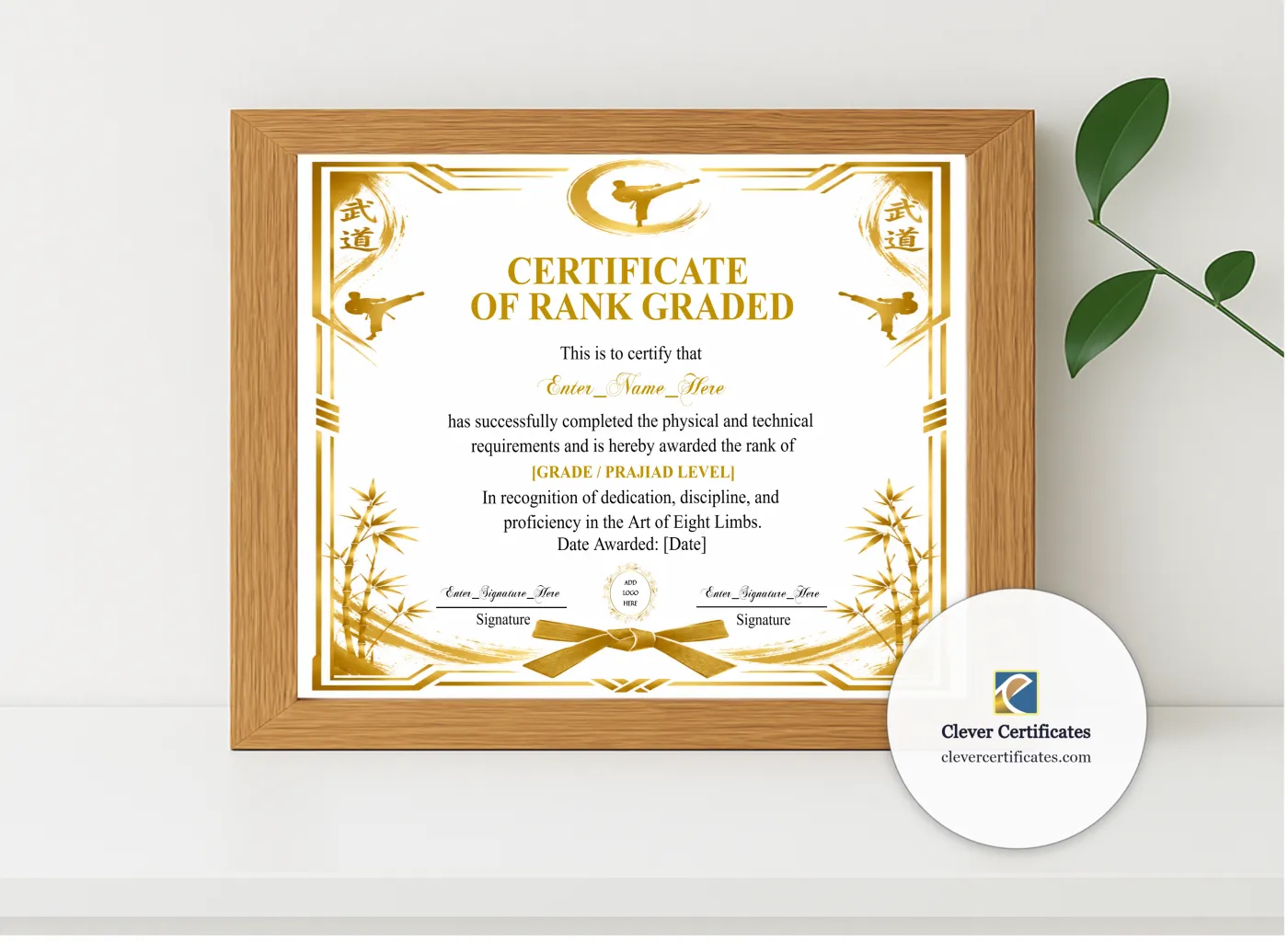 Realistic mockup featuring Muay Thai Grading Certificate Black And Gold Landscape displayed within a modern frame, set against a minimalistic background.
