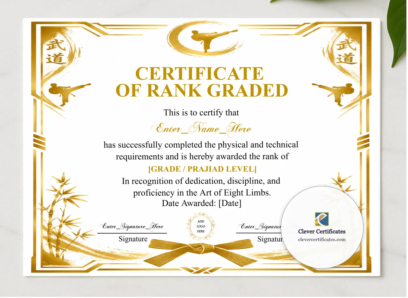 Muay Thai Grading Certificate Black And Gold Landscape presented in a sleek wooden frame, elegantly arranged on a stylish table.
