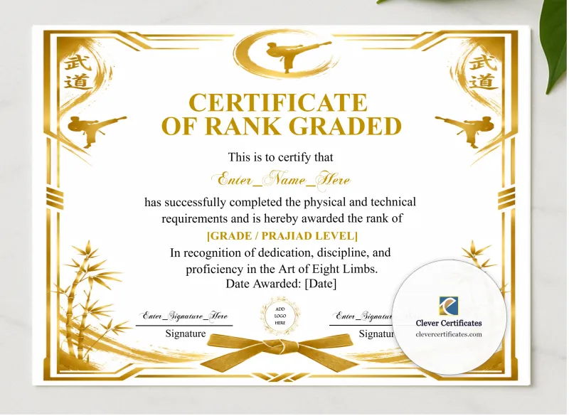 Muay Thai Grading Certificate Black And Gold Landscape presented in a sleek wooden frame, elegantly arranged on a stylish table.